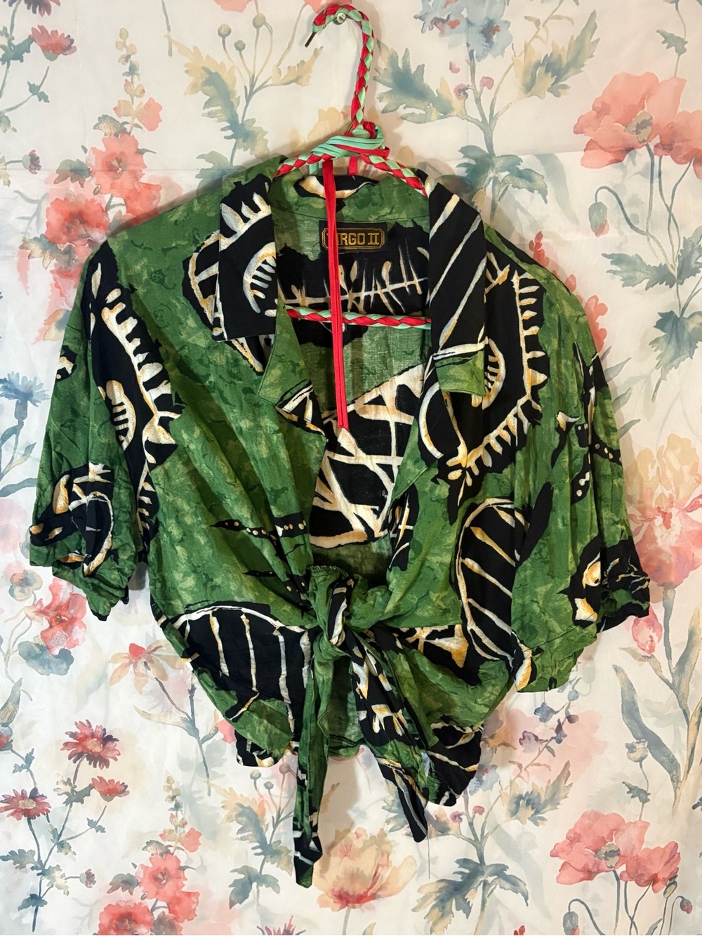 Vintage Cropped Tie-Front Shirt — Green Botanical Print